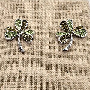 Shamrock Silver Plated Earrings Green & Gold Austrian Crystal Irish NEW